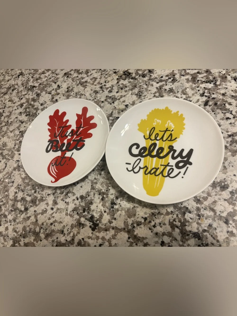 Crate&Barrel White Plates with Red Beet and Yellow Celery Designs
